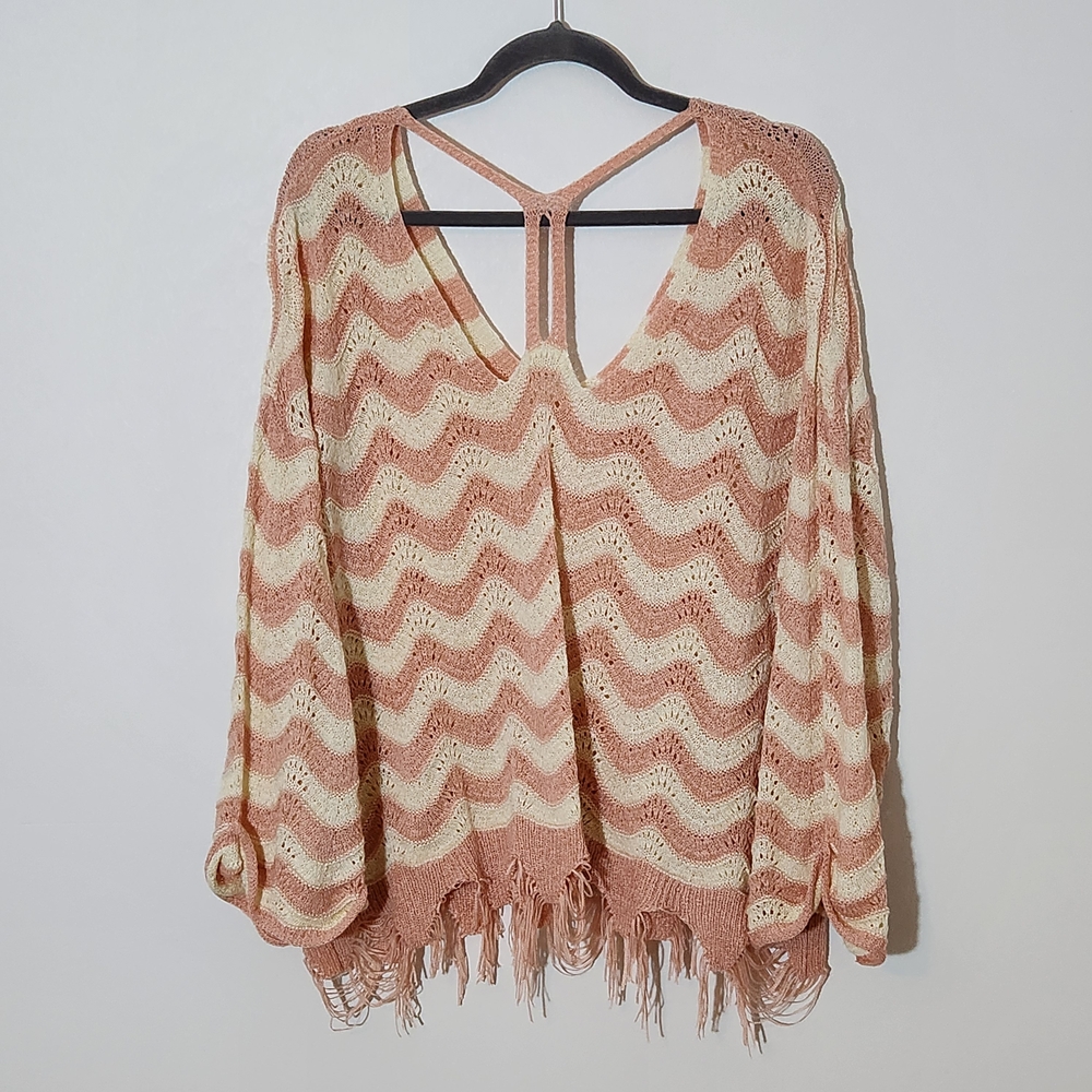 POL Pink and White Oversized Sweater Size Small Pink Distressed Sweater - Picture 5 of 8